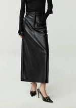 Load image into Gallery viewer, H-Line Faux Leather Slit Skirt in Black
