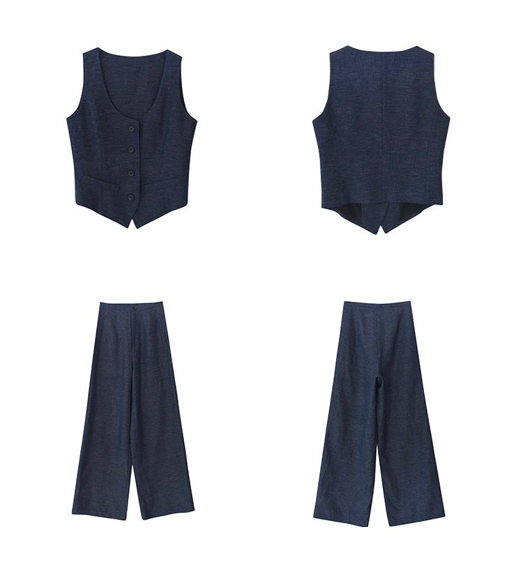 Cotton Linen Vest + Trousers Set in Navy