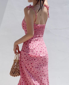 Textured Floral Tie Strap Dress in Pink