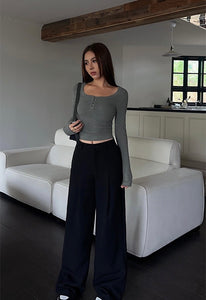 Cropped Button Long Sleeve Top in Grey