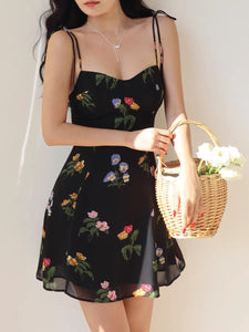 Chrisoula Floral Tie Strap Mini Dress in Black