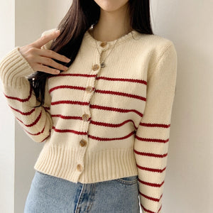 Korean Woolly Striped Cardigan in Cream/Red