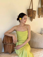 Load image into Gallery viewer, Satin Open Back Tie Top + Slip Skirt Set in Lime
