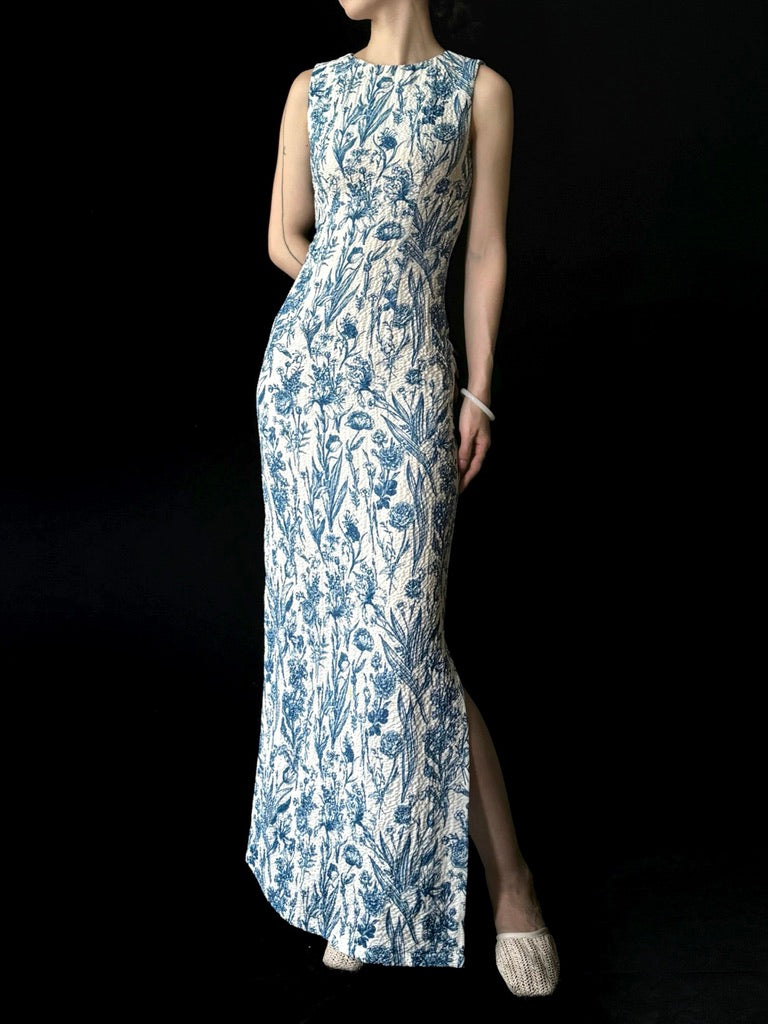 Floral Stretch Maxi Dress in Blue/White LEXI + LOU Floral Stretch Maxi Dress in Blue/White LEXI + LOU