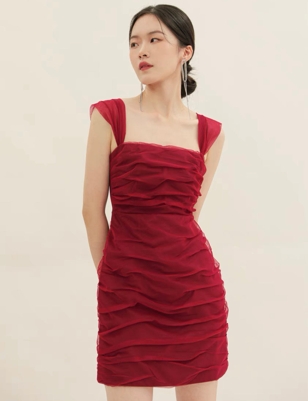 Tremiti Tulle Strap Mid Dress in Red