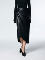 Load image into Gallery viewer, Wrap Style Pleather Midi Skirt in Black
