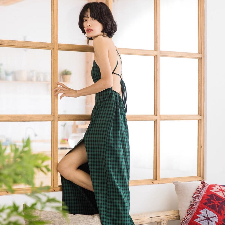 Checked Tie Back Slit Maxi Dress in Green