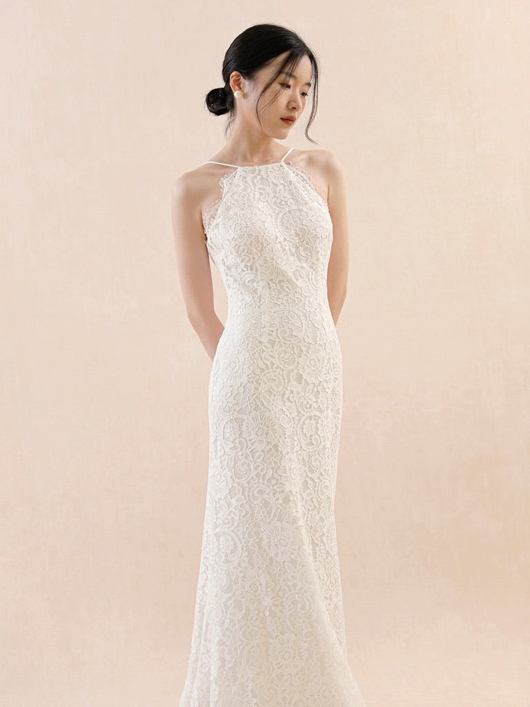 Drop Back Floral Lace Gown in White