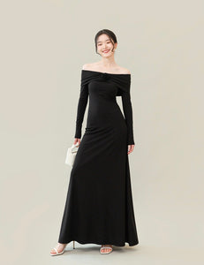 Off Shoulder Rose Flare Maxi Dress in Black