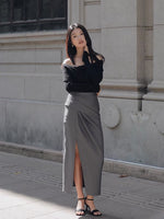Load image into Gallery viewer, Asymmetric Wrap Slit Skirt in Grey
