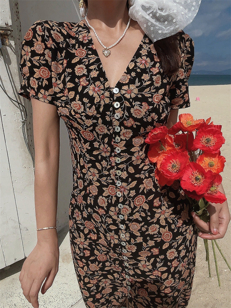 Floral Button Sleeve Maxi Dress in Black/Multi