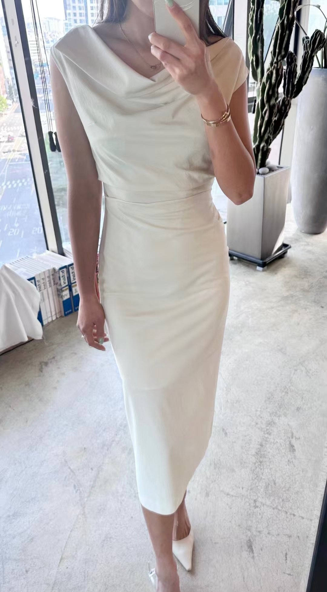 Korean Wide Shoulder Sheath Midi Dress [2 Colours]