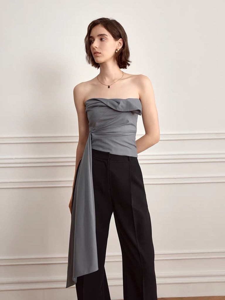Gathered Bustier Top with Oversized Drape in Grey
