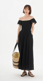 Load image into Gallery viewer, Off Shoulder Textured Pocked Maxi Dress in Black
