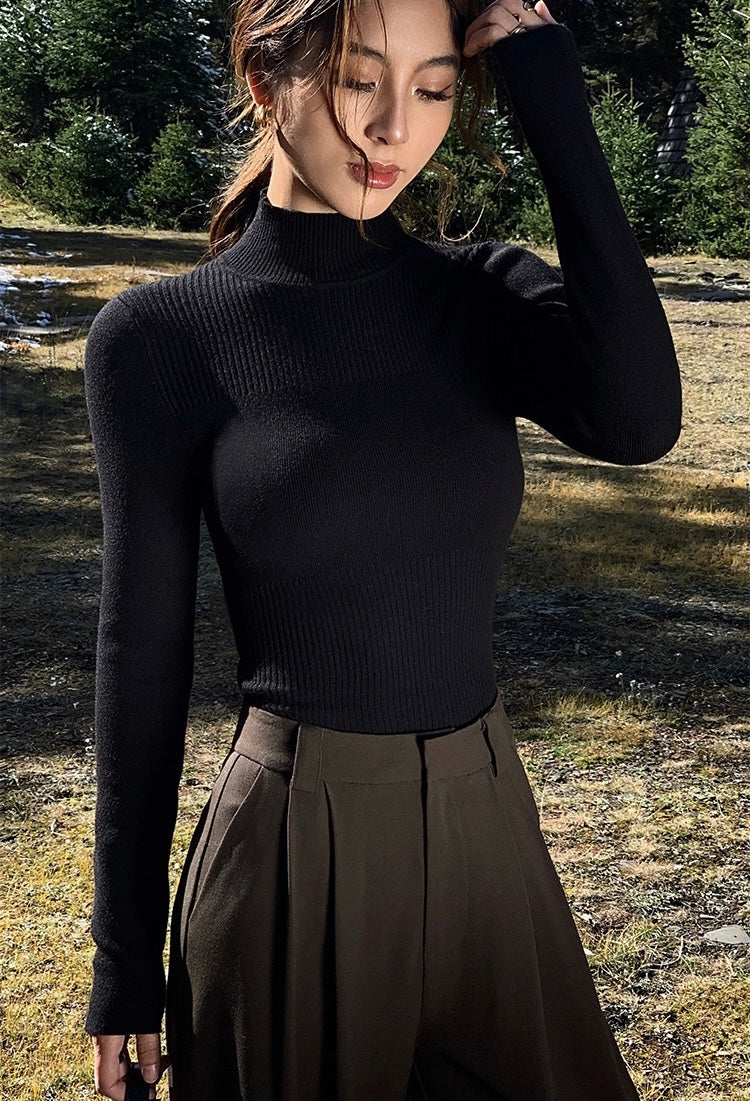 Ribbed Panel High Neck Top in Black