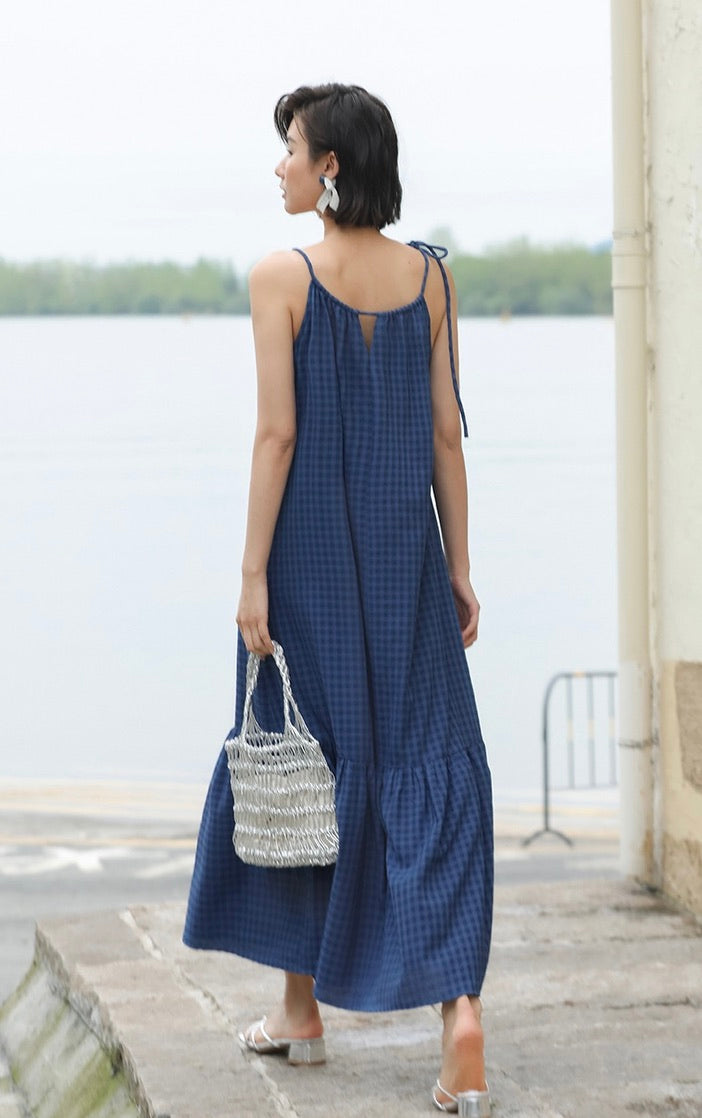 Checked Flute Hem Maxi Dress in Blue