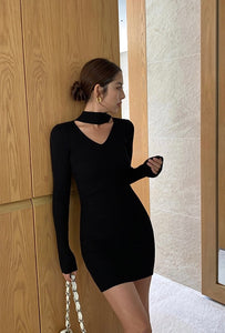 High Neck Cutout Ribbed Mini Dress in Black