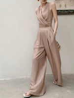 Load image into Gallery viewer, Tencel Wrap Top + Trousers Set in Brown
