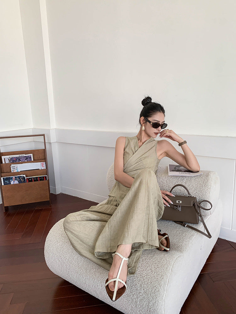 Textured Wrap Top + Trousers Set in Khaki