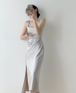 Square Neck Sheen Midi Dress in Silver