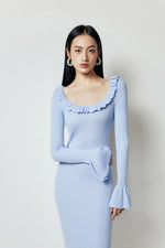 Load image into Gallery viewer, Knitted Ruffle Midi Dress in Blue
