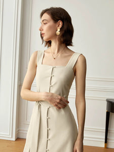 2-Way Button Sleeveless Dress in Beige