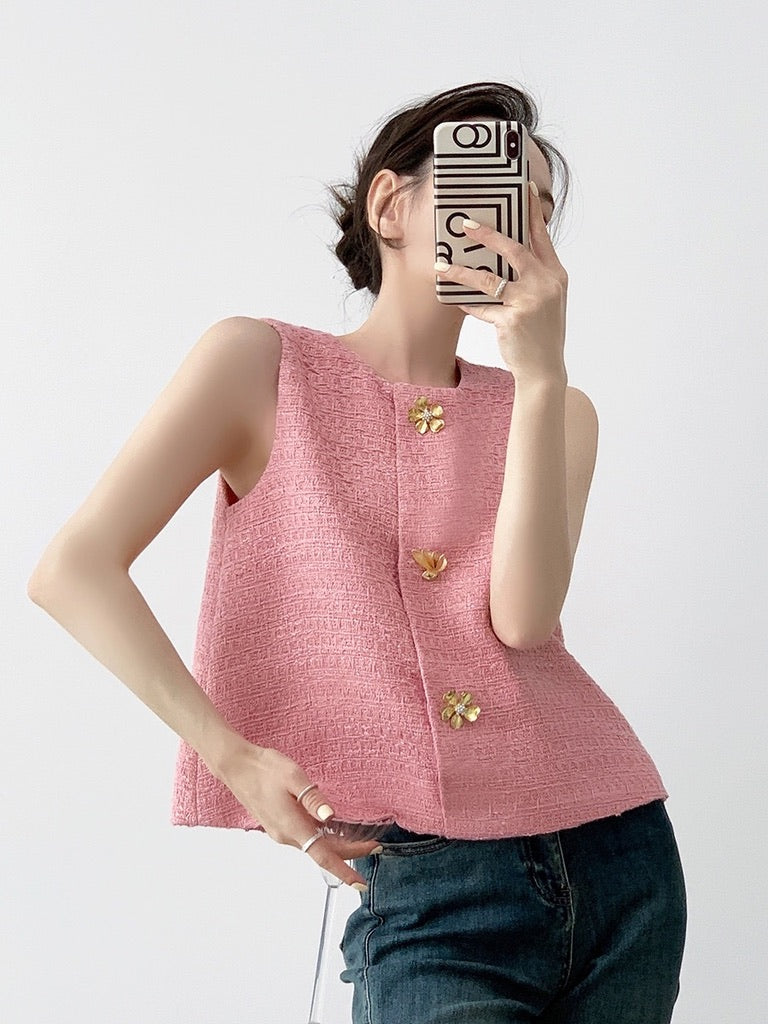 Tweed Button Blouse in Pink