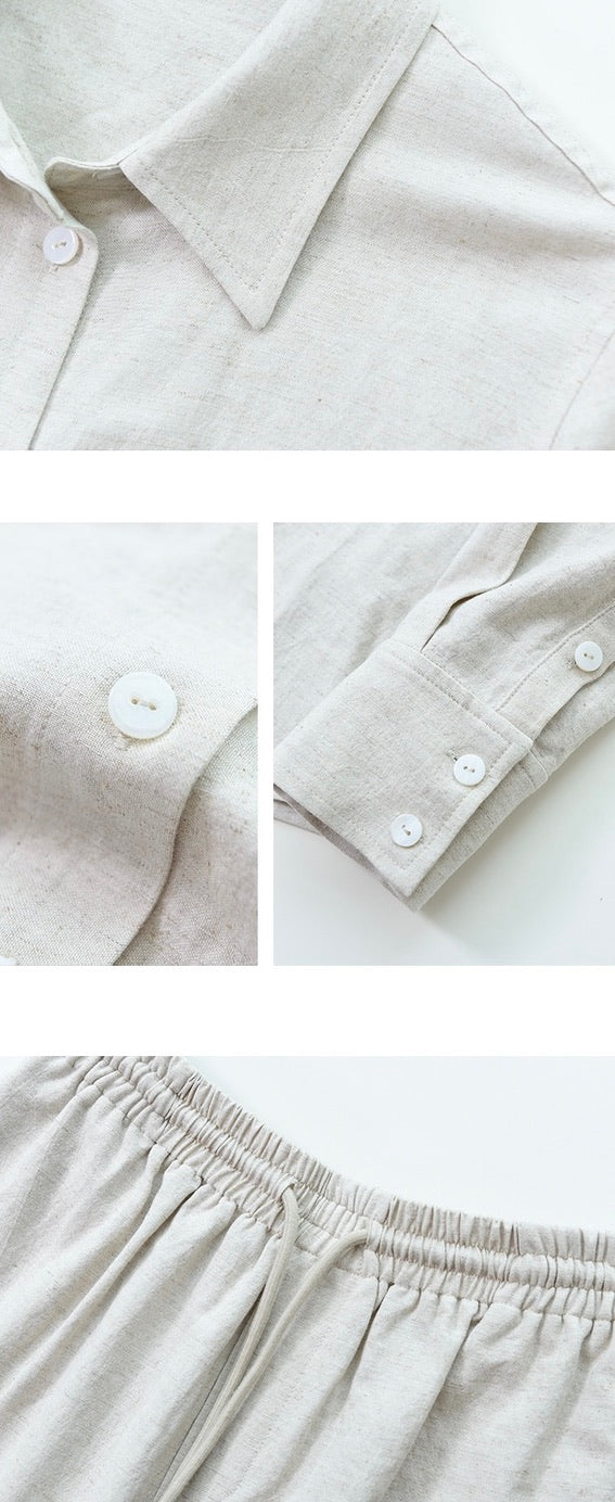 Cotton Linen Shirt + Shorts Set in Beige