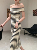 Load image into Gallery viewer, Off Shoulder Striped Midi Dress in Beige
