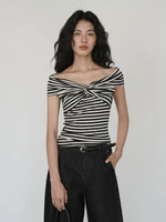 Load image into Gallery viewer, Tencel Striped Off Shoulder Twist Top in Black/White
