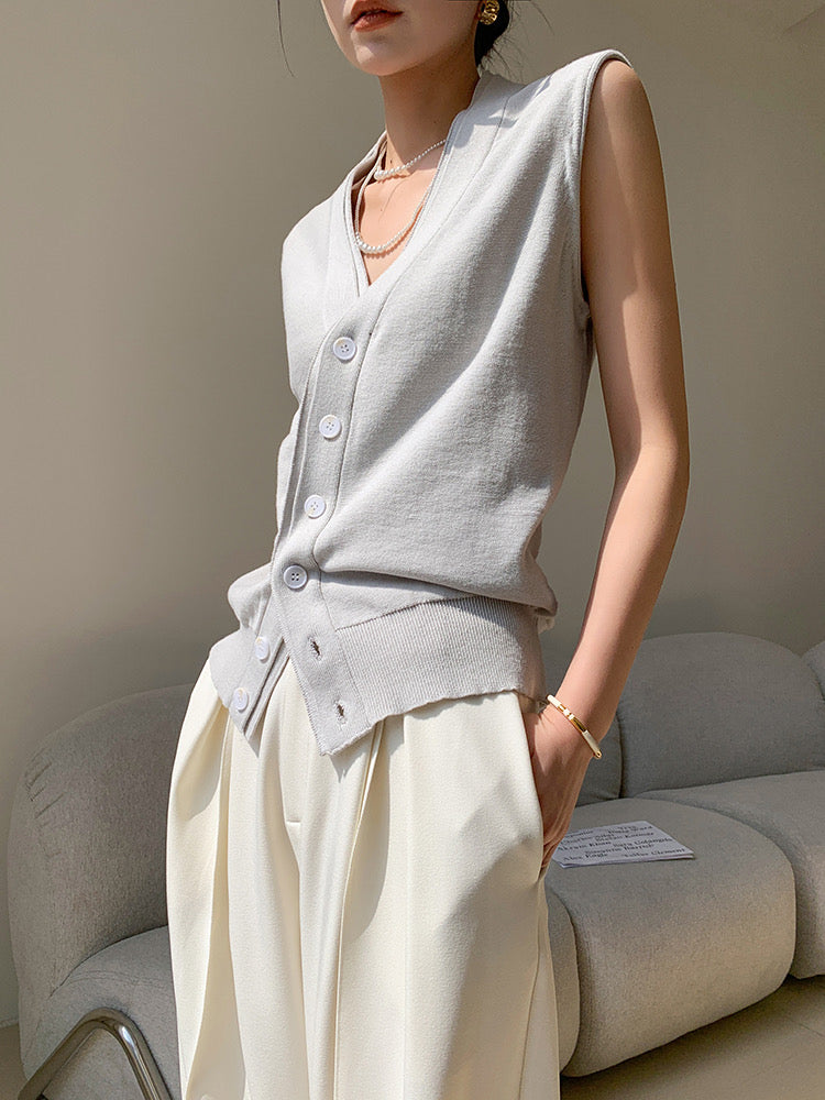 Knitted Sleeveless Button Vest Top in Grey