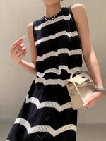 Load image into Gallery viewer, Striped Pleated Knit Sleeveless Top in Navy
