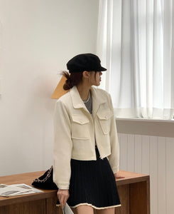 Korean Boucle Pocket Boxy Jacket in Off White