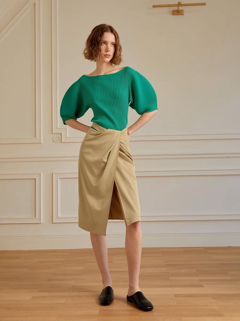 Tencel High Waist Wrap Skirt in Khaki