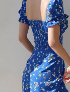 Boria Floral Puff Sleeve Mini Dress in Blue