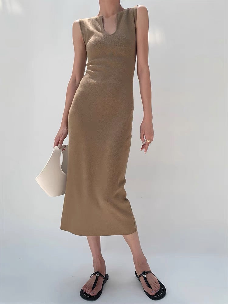 U Neck Knit Midi Sleeveless Dress in Latte