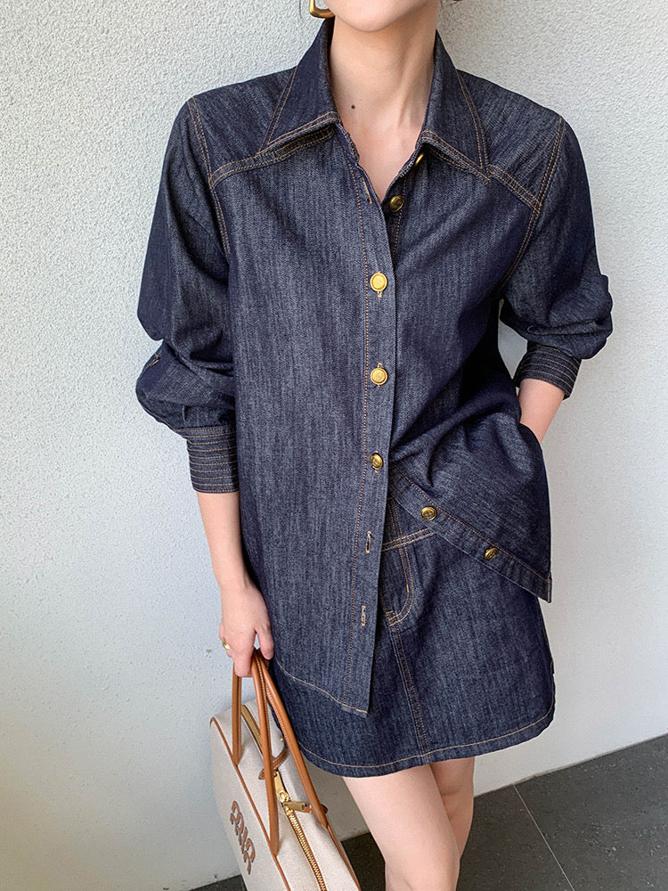 Denim Shirt + Skirt + Trousers Set in Navy