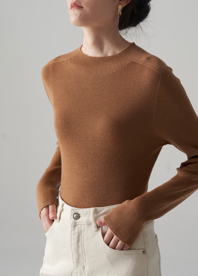 Wool Ribbed Sweater Top in Brown
