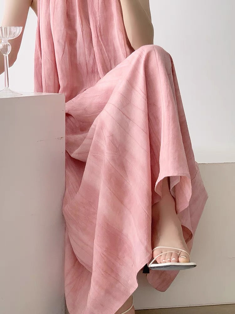 Gathered Neckline Textured Tent Dress in Pink