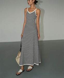 Striped Scallop Knit Dress in Black/White