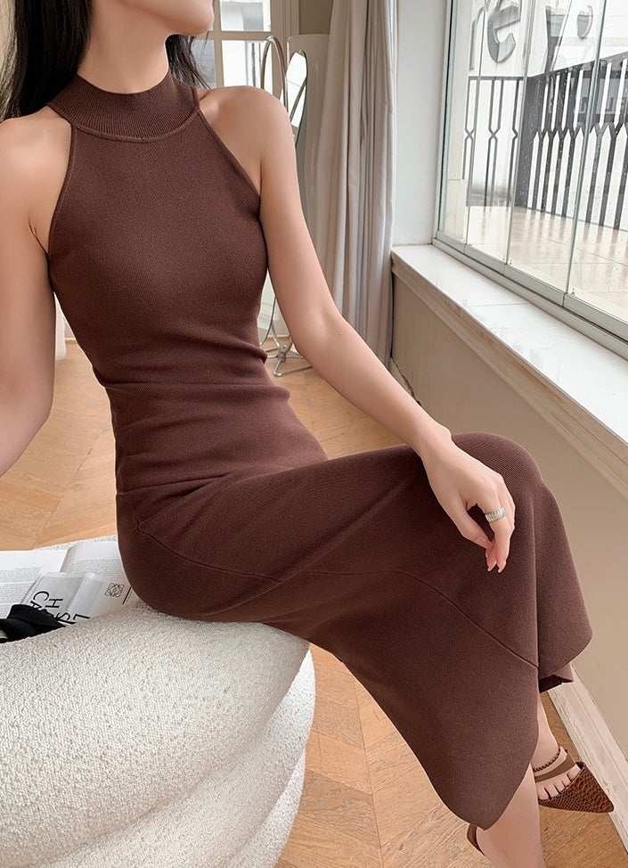 High Neck Bodycon Tank Dress in Brown