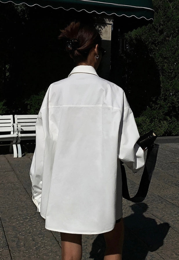 Oversized Pocket Contrast Button Shirt in White
