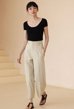Load image into Gallery viewer, Twill Wide Leg Cropped Trousers in Beige

