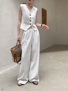 Textured Mid Rise Wide Leg Trousers in White