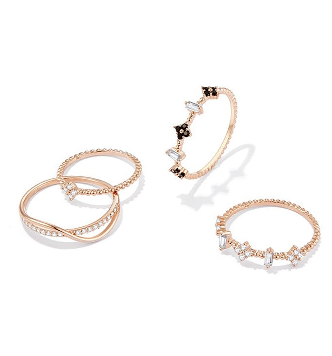 Set of 4 Rose Gold Diamante Rings