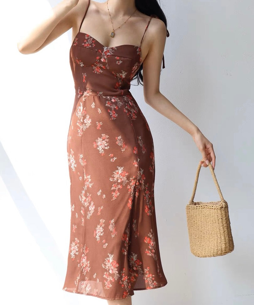 Ibizia Floral Wrap Tie Strap Slit Dress in Brown