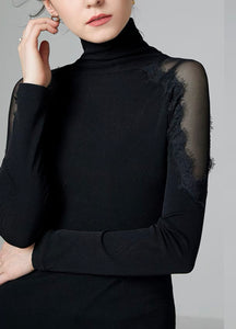 Sheer Lace Turtleneck Top in Black