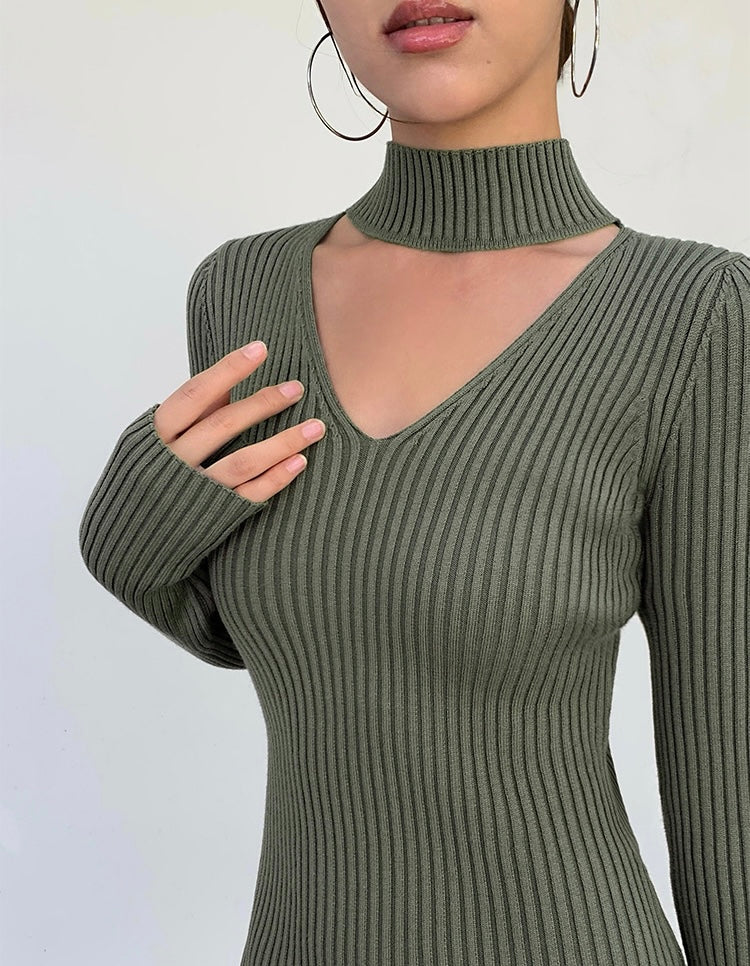 High Neck Cutout Ribbed Mini Dress in Green