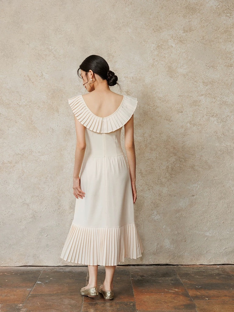 Tencel Blend Pleated Midi Dress in Cream