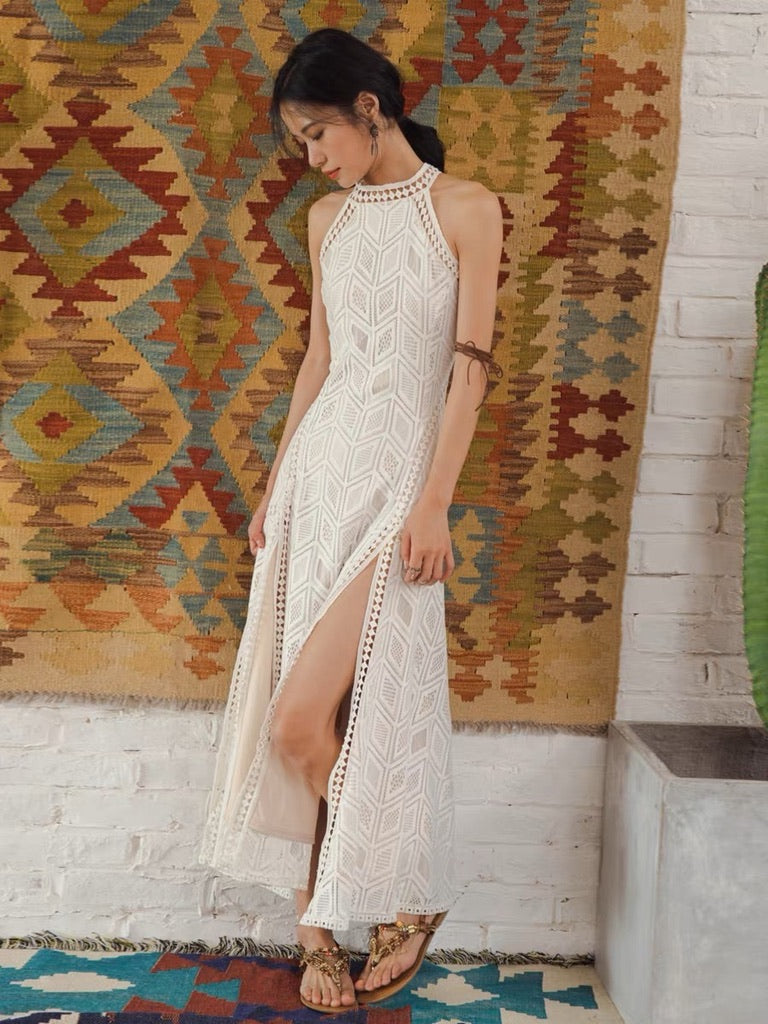 Cutout Back Lace Slit Maxi Dress in White